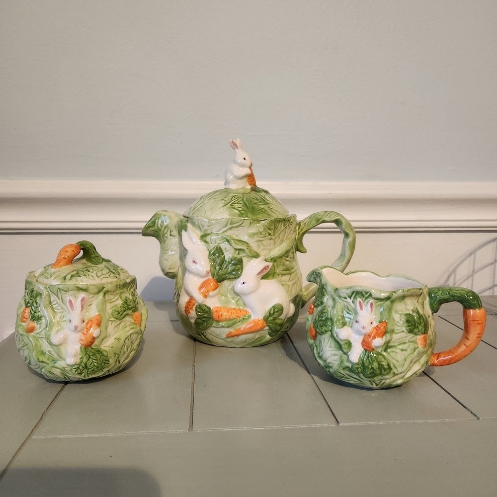 Asia Master Group Bunny Rabbit Cabbage Ceramic Teapot Cream Sugar Whimsy Easter